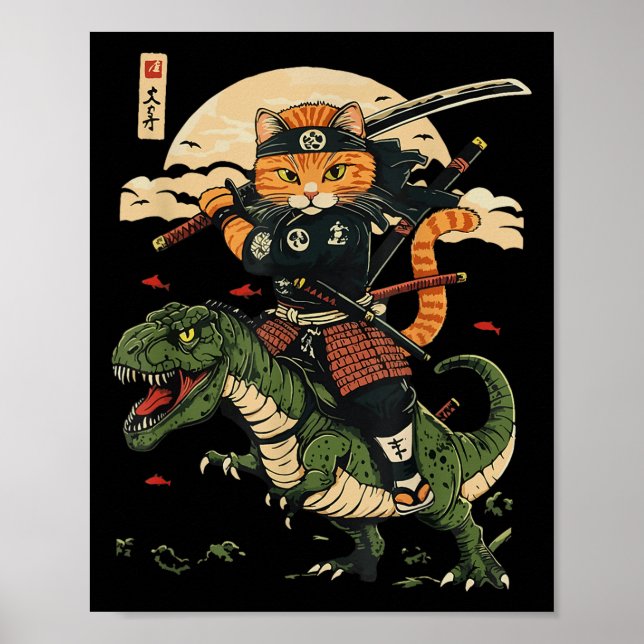Poster Vintage Samurai Cat Dinossaur Japonês Art Graphic (Frente)