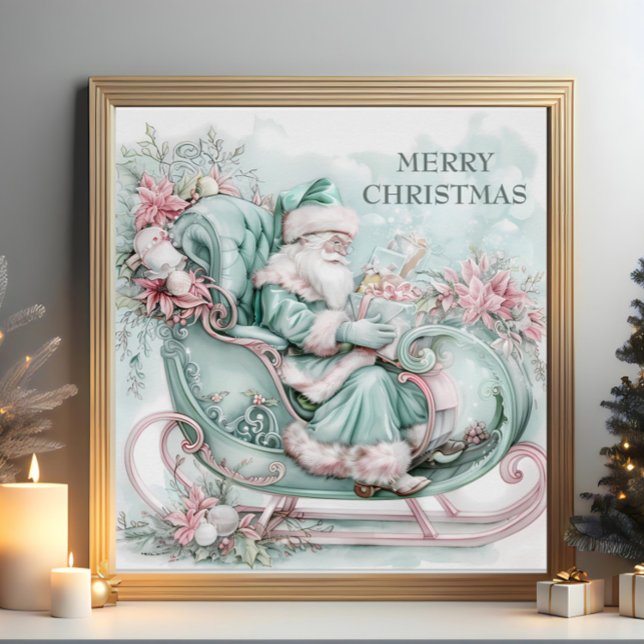 Pôster Vintage Santa Sleigh Christmas Blue Teal Pink (Vintage Santa Claus in Sleigh poster)
