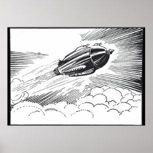 Poster Vintage Science Ficeship Rocket in Clouds