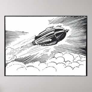 Poster Vintage Science Ficeship Rocket in Clouds