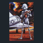 Pôster Vintage Science Ficting Soldados Robôs Militares<br><div class="desc">Imagem de robô militar com Ficção Científica futurista Vintage. Um soldado alienígena hostil segurando uma espingarda e em frente a uma aeronave ou avião militar com uma estrela. Ele está num planeta desolado pronto para entrar em guerra com fumaça, fogo e explosões. Hora de lutar e lutar contra os aliens...</div>