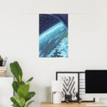 Poster Vintage Science Fiction, Earth at Night with Stars<br><div class="desc">Ilustração de safra futurista e planetas Imagem de ficção científica apresentando uma visão da Terra do planeta a partir da janela de uma espaçonave de foguete. Podem ver nuvens a girar sobre a terra e o oceano azul. Ao longo do horizonte está o céu noturno com estrelas brilhando brilhantemente. Um...</div>