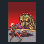 Pôster Vintage Science Fiction Giant Centipede Insect War<br><div class="desc">Ilustração vinda de aliens futuristas e robôs imagem de ficção científica. Uma cena clássica de ficção científica em quadrinhos retrô,  com astronautas com armas laser lutando e batendo num monstro enorme. Um inseto assustador de centípede com 100 patas!</div>