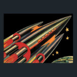 Poster Vintage Science Fiction Roket Ship by Space Stars<br><div class="desc">Ilustração de safra futurista e imagem de ficção científica de planetas. Um clássico design de ficção científica em quadrinhos retrô,  do futuro,  com um viagem e um foguete de transporte viajando pelo espaço através das estrelas e da lua no caminho de volta à Terra.</div>
