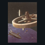 Poster Vintage Science Fiction, Space Station with Planet<br><div class="desc">Ilustração vinda do espaço exterior futurista e planetas Science Fiction imagem apresentando uma estação espacial orbitando um planeta com foguetes voando ao redor no espaço sideral. Um 50 de quadrinhos retrô clássico e design de ficção científica de transporte.</div>