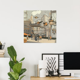 Pôster Vintage Science Fiction Urban Paris, Steam Punk