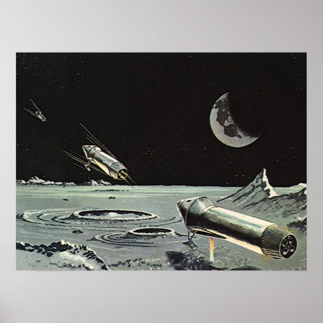 Pôster Vintage Science Fictions, Rocket ships Moon Planet (Frente)