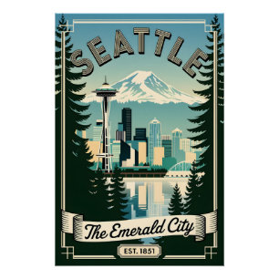 Pôster Vintage Seattle Washington Cidade Esmeralda Retro