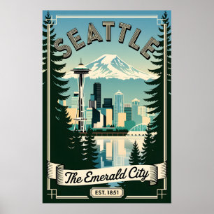 Poster Vintage Seattle Washington Cidade Esmeralda Retro