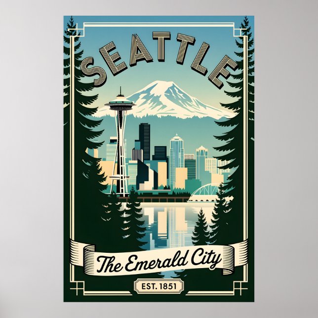 Poster Vintage Seattle Washington Cidade Esmeralda Retro (Frente)