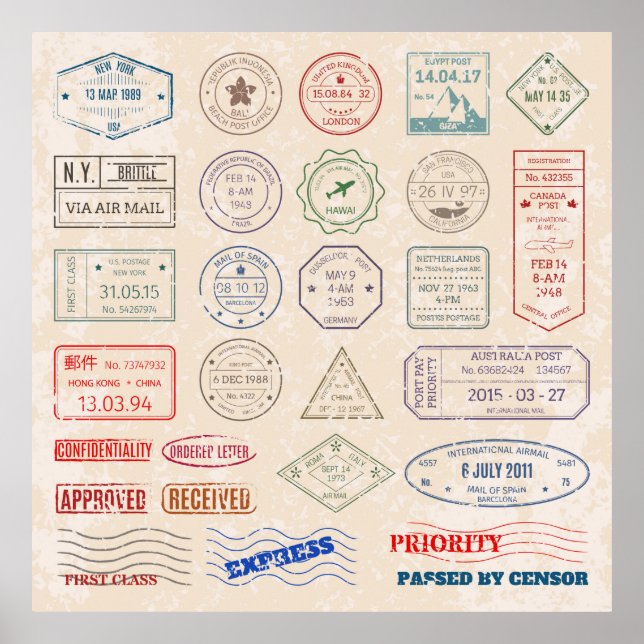 Poster Vintage set vintage postage stamps from countries (Frente)