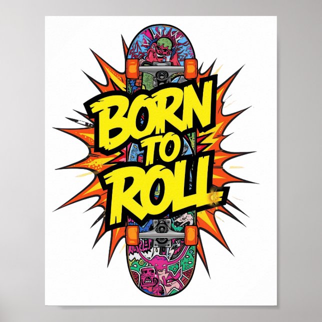 Poster Vintage Skateboard "Born to Roll" Graphic (Frente)