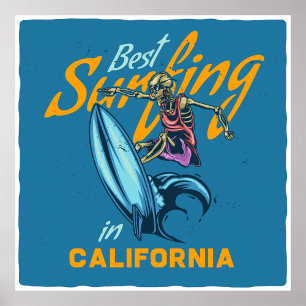 Poster Vintage Skeleton surfing California Beach