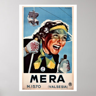 Poster Vintage ski Mera Valsesia - viagem italiano