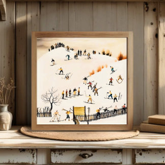 Poster Vintage Skiers Art, Winter Landscape Painting