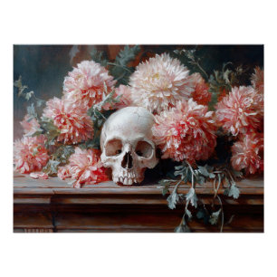 Pôster Vintage Skull e Rosa claro Flowers