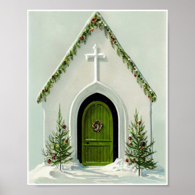Poster Vintage Snow Covered Church no Natal (Frente)