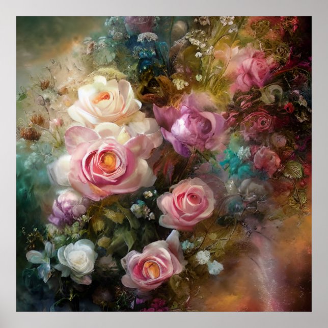 Poster Vintage Soft White And Pink Roses Painted (Frente)