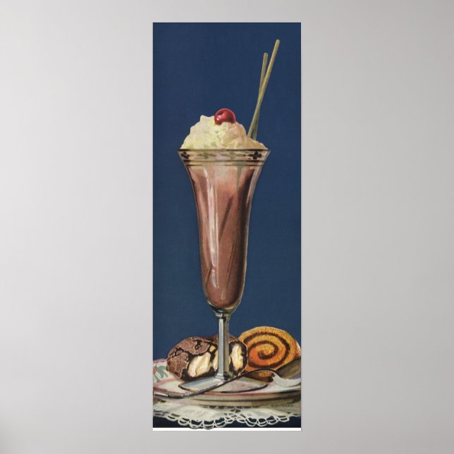Pôster Vintage Sorvete Shake, Whipped Cream & Cherry (Frente)