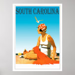 Poster Vintage South Carolina Beach Scene<br><div class="desc">Um poster retrô que nunca foi até agora. Um refazer criativo de um velho poster que deveria ter sido. Carolina do Sul em estilo retrô da era da arte deco. Cor brilhante com uma mulher na praia sob um céu azul.</div>