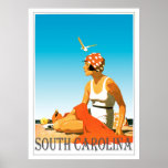 Poster Vintage South Carolina Beach Scene<br><div class="desc">Um poster retrô que nunca foi até agora. Um refazer criativo de um velho poster que deveria ter sido. Carolina do Sul em estilo retrô da era da arte deco. Cor brilhante com uma mulher na praia sob um céu azul.</div>
