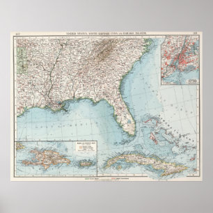 Pôster Vintage Southeastern US and Caribbean Map (1900)