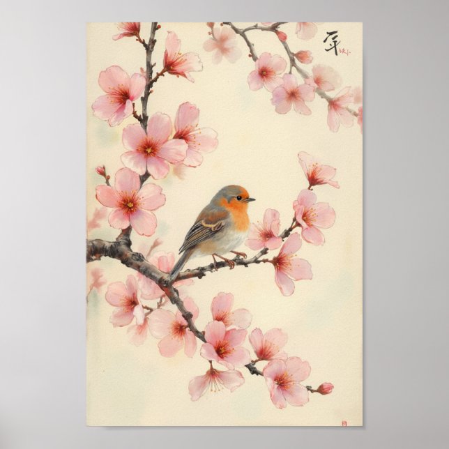 Poster Vintage Spring Bird Cherry Blossom Wall Art (Frente)