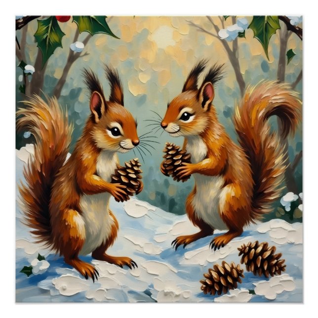 Pôster Vintage Squirrels Gathering Pinecones Christmas (Frente)