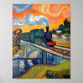 Poster Vintage Steam Engine crossing Bridge painting
