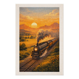 Pôster Vintage Steam Locomotive Sunset Retro Travel