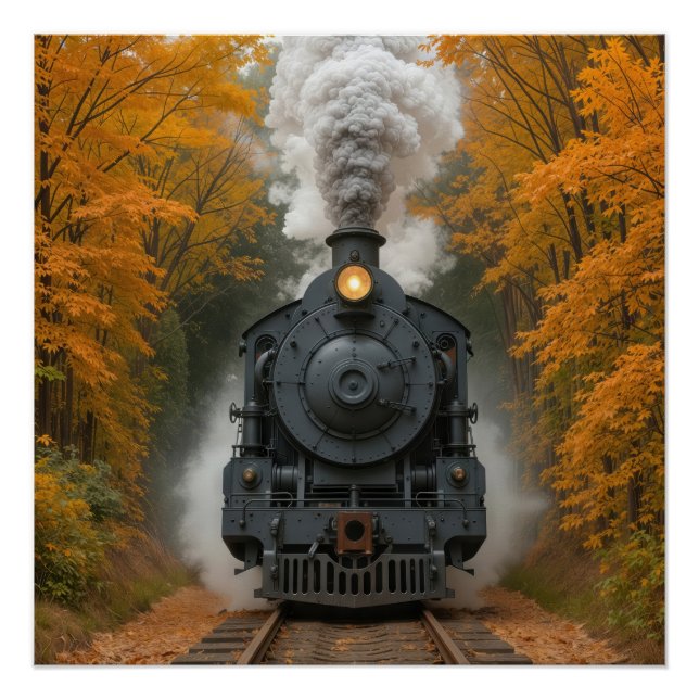 Pôster Vintage Steam Locomotive Train In Autumn Woods (Frente)