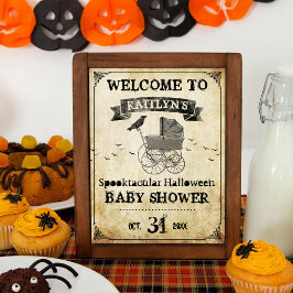 Poster Vintage Stroller Halloween Chá de fraldas Bem-vind