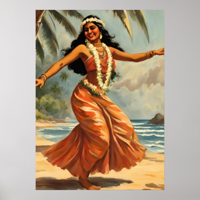 Poster Vintage Style Havaiana Viagem Hula Girl Dançando (Frente)