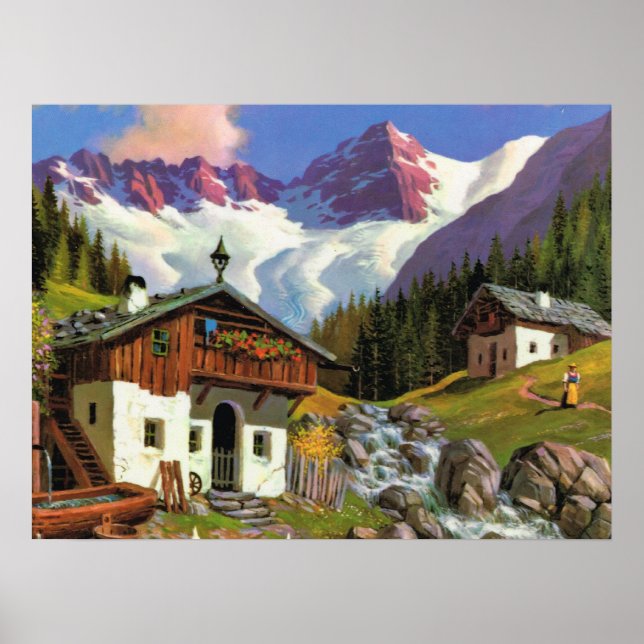 Poster Vintage Suiça, Gletscherwelt, aldeia, (Frente)