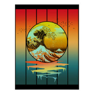 Pôster Vintage Sunset Japonês Wave Ocean