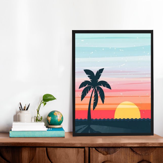Poster Vintage Sunset Landscape Illustração Laranja Azul (Vintage Sunset Landscape Illustration Orange Blue Poster)