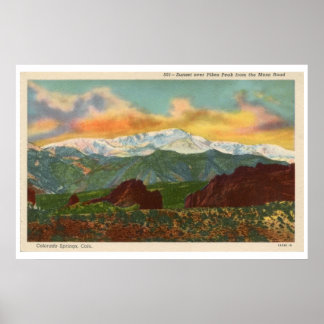 Pôster Vintage Sunset sobre Pikes Peak, Primaveras do Col