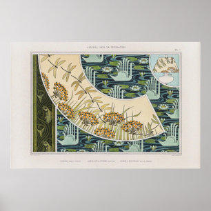 Poster Vintage Swans, Water Lily and Dragonlies