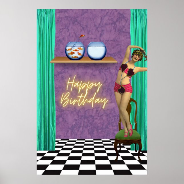 Poster Vintage Swimmer Funky Altered Art Birthday (Frente)