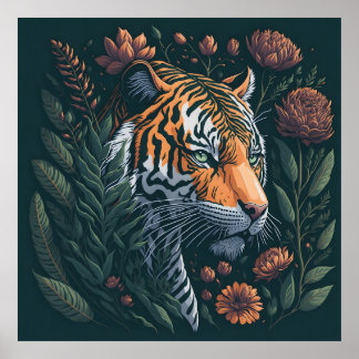 Poster Vintage Tiger com Flora Verde
