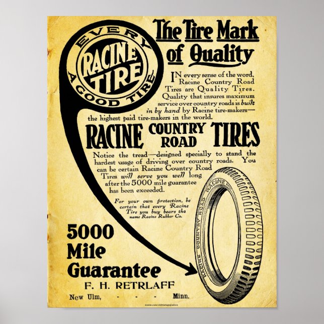 Poster Vintage Tire Sinal - Racine Tire Company (Frente)