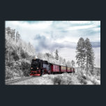 Poster Vintage Train Winter Christmas Cena<br><div class="desc">Um poster com uma fotografia de uma paisagem de inverno nevada com pinheiros cobertos de neve. Um trem vermelho,  dourado e preto à moda antiga,  viajando pela natureza selvagem. Conjuga os pensamentos de voltar para casa no Natal.</div>