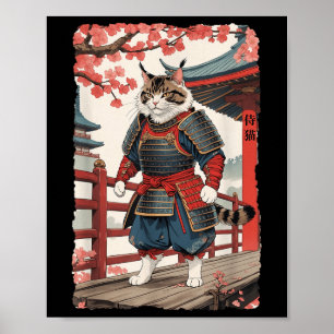 Poster Vintage Ukiyo-e Samurai Cat. Kimono Sumi-e Ninja