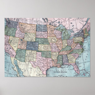 Pôster Vintage USA Map