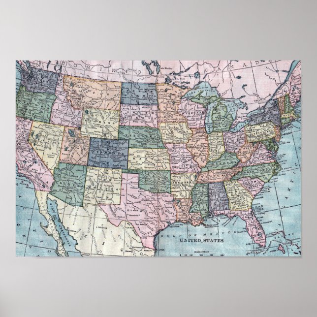 Pôster Vintage USA Map (Frente)