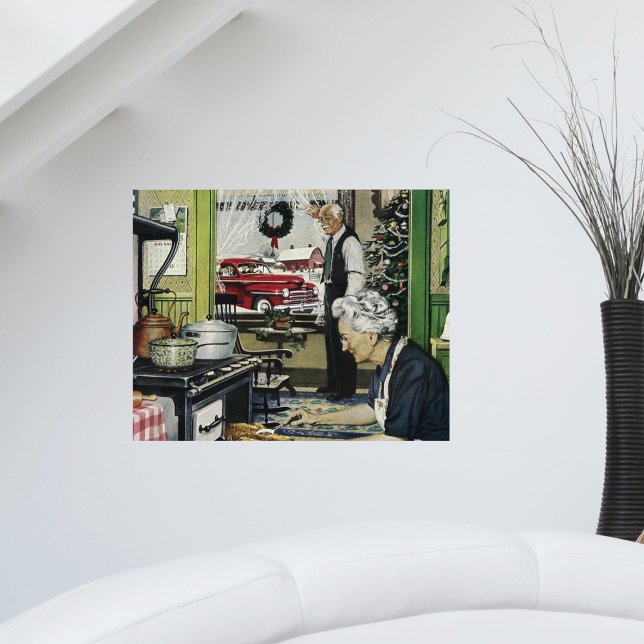 Pôster Vintage Velho Fashiated Home Natal (Vintage holiday scene cooking turkey dinner at Grandparents house on a poster.)