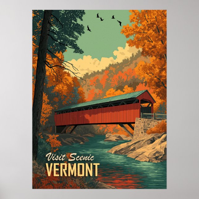 Poster Vintage Vermont Covered Bridge Viagem (Frente)