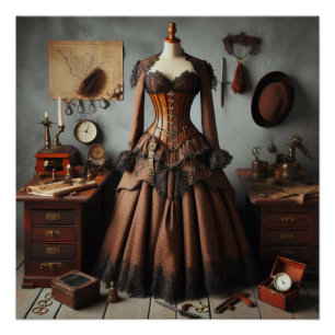 Pôster Vintage Victorian Steampunk Lady Detetive Dress
