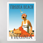 Pôster Vintage Virginia Beach Virginia<br><div class="desc">Um poster retrô que nunca foi até agora. Uma recriação de um velho poster que deveria ter sido. Uma praia da Virgínia no estilo retrô da era do Deco da Arte. Cor brilhante com uma mulher na praia sob um céu azul.</div>