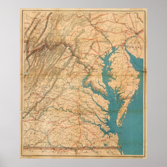 Poster Vintage Virginia & The Chesapeake Bay Map (1862) (Frente)